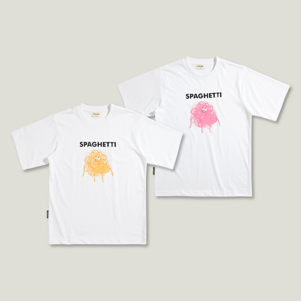 𝐒𝐩𝐚𝐠𝐡𝐞𝐭𝐭𝐢 𝐭-𝐬𝐡𝐢𝐫𝐭 White [Color Print: Yellow / Pink]