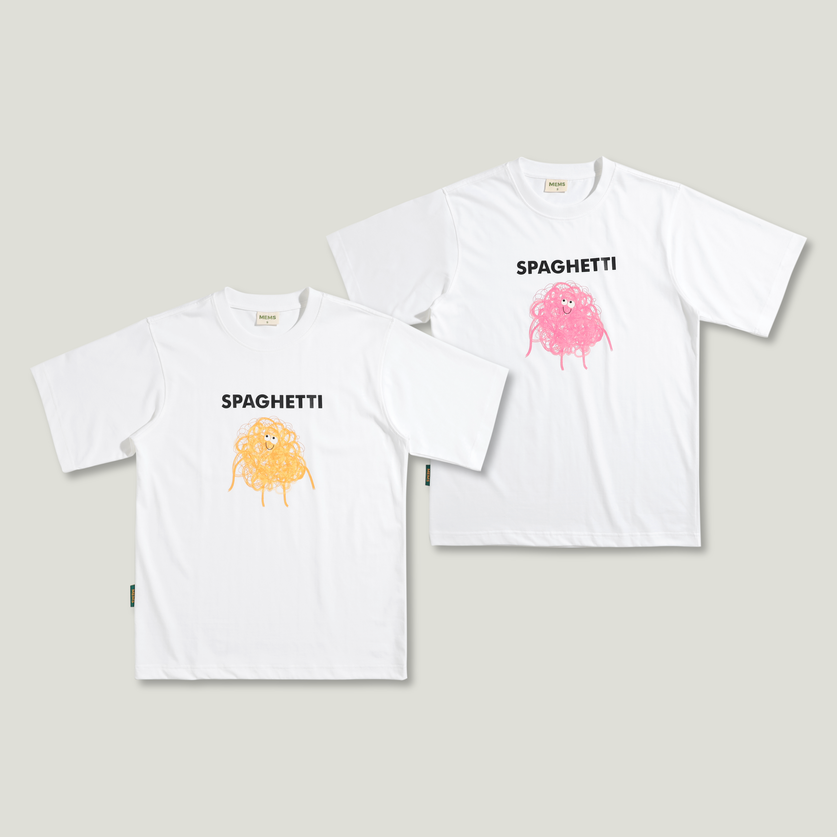 𝐒𝐩𝐚𝐠𝐡𝐞𝐭𝐭𝐢 𝐭-𝐬𝐡𝐢𝐫𝐭 White [Color Print: Yellow / Pink]