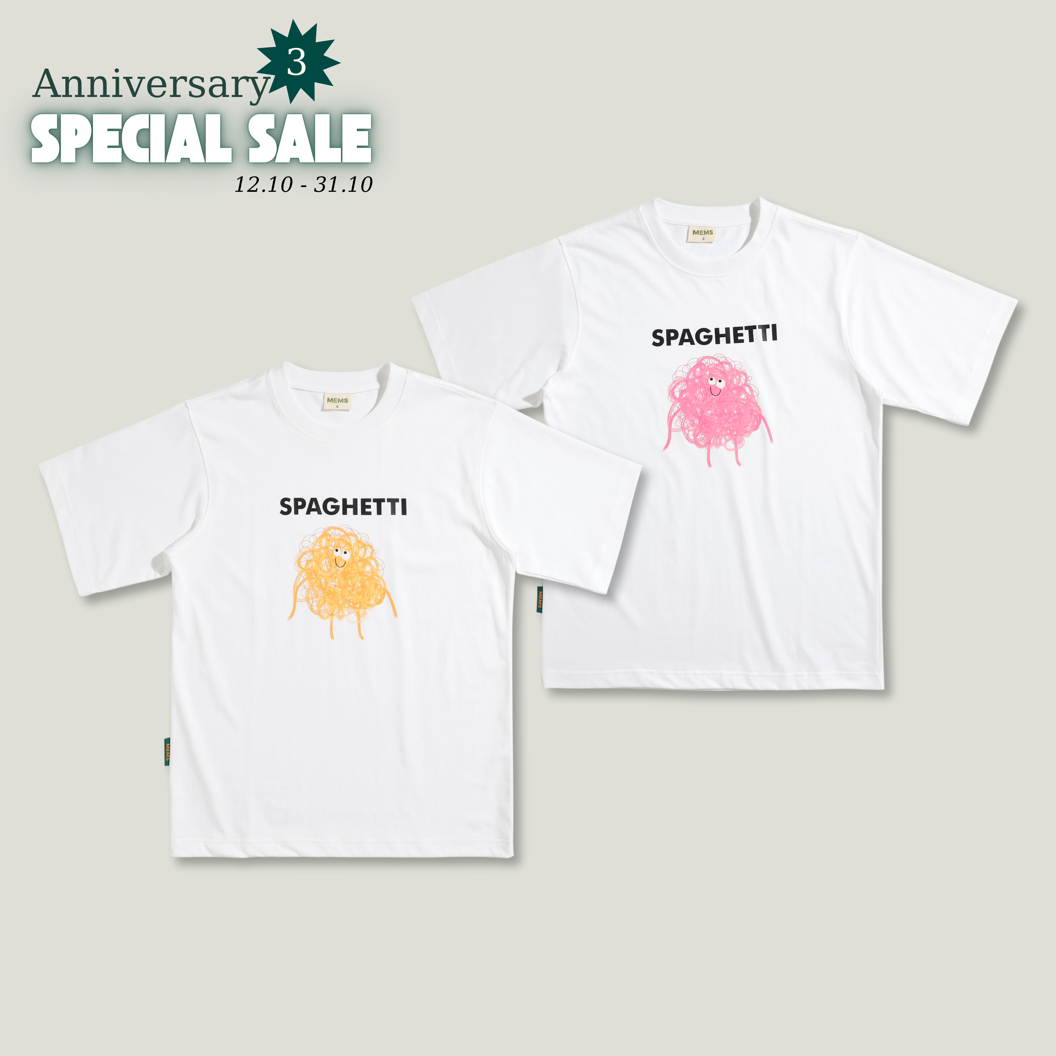 𝐒𝐩𝐚𝐠𝐡𝐞𝐭𝐭𝐢 𝐭-𝐬𝐡𝐢𝐫𝐭 White [Color Print: Yellow / Pink]